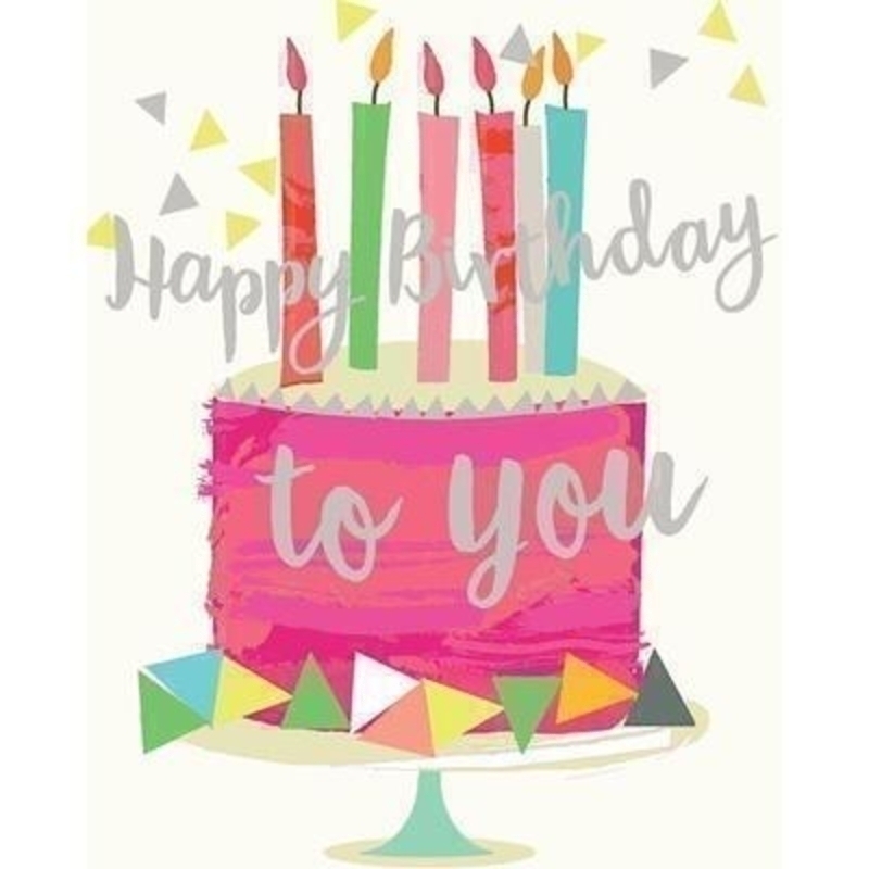 Birthday Cake and Candles card by Liz and Pip. Brightly coloured birthday card depicting a cake with candles and the words ''Happy Birthday to you'' on the front. This card has embossing and hot foil stamp detailing. Blank inside for your own message. 120x150mm